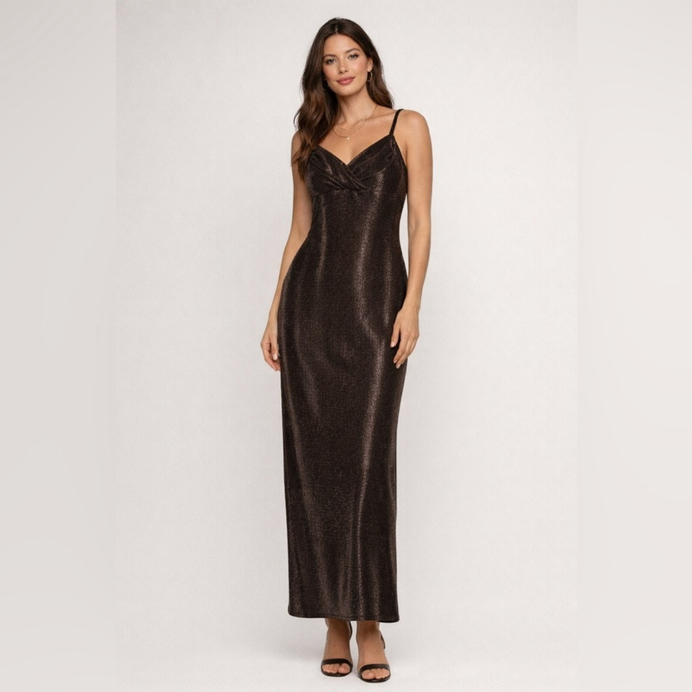 Jessica McClintock Chocolate Brown Metallic Maxi Slip Dress Y2K Sz 12
